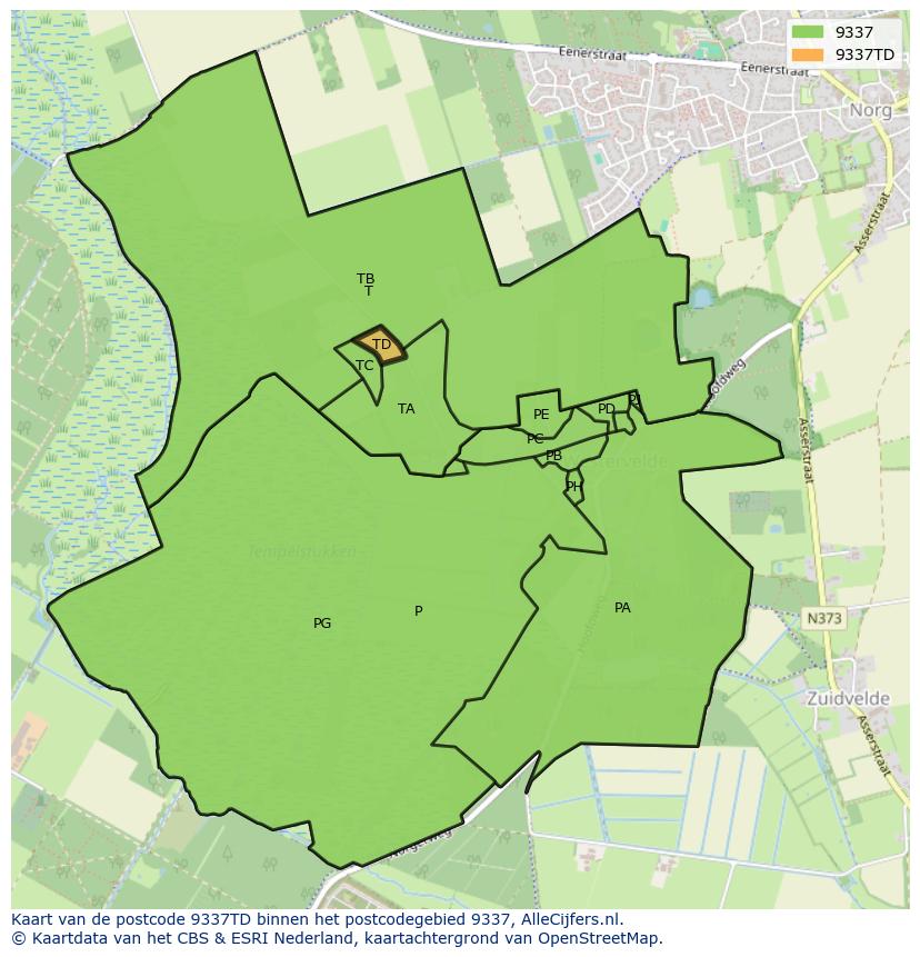 Afbeelding van het postcodegebied 9337 TD op de kaart.
