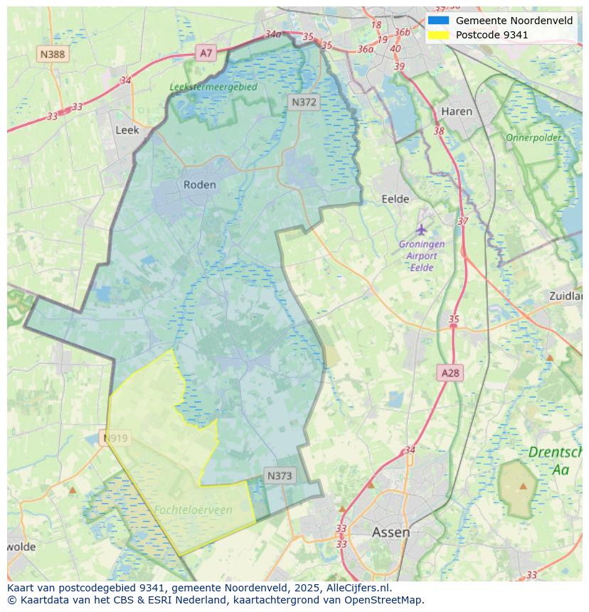 Afbeelding van het postcodegebied 9341 op de kaart.