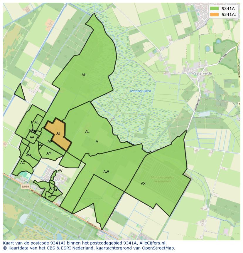Afbeelding van het postcodegebied 9341 AJ op de kaart.