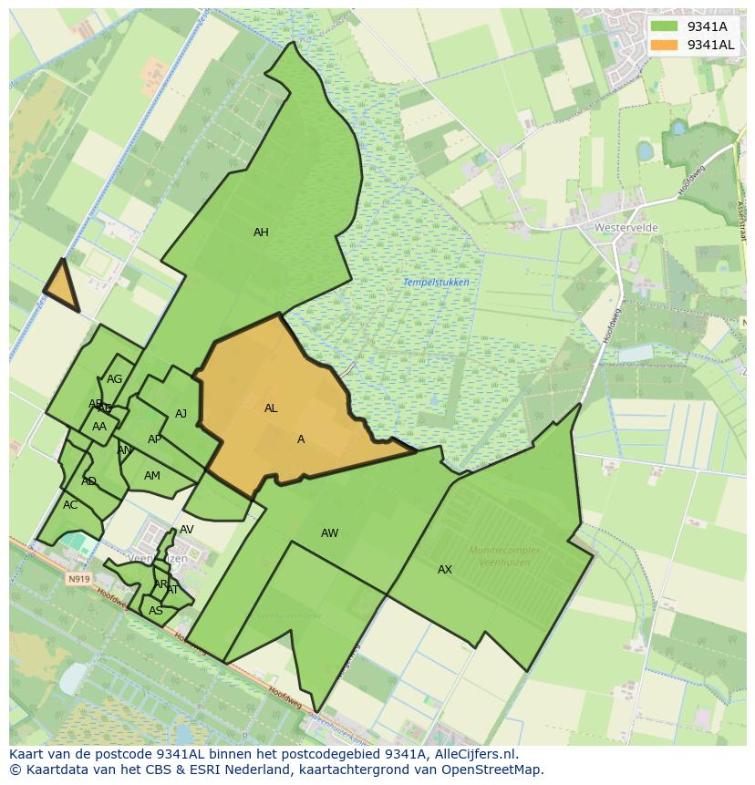 Afbeelding van het postcodegebied 9341 AL op de kaart.