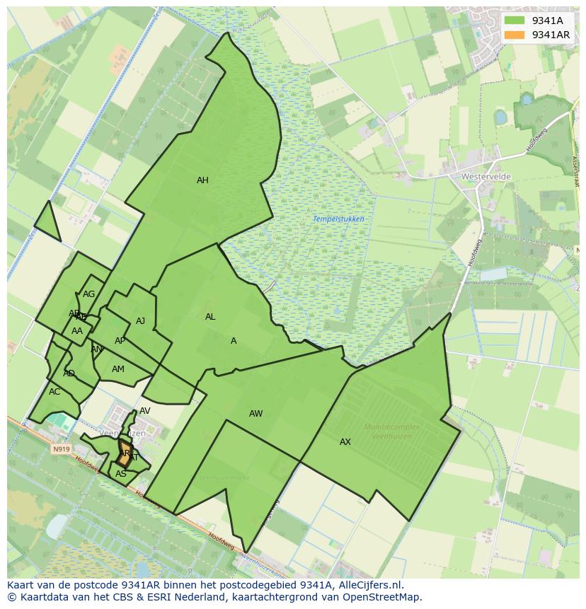 Afbeelding van het postcodegebied 9341 AR op de kaart.