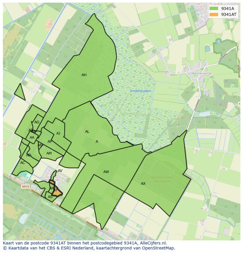Afbeelding van het postcodegebied 9341 AT op de kaart.