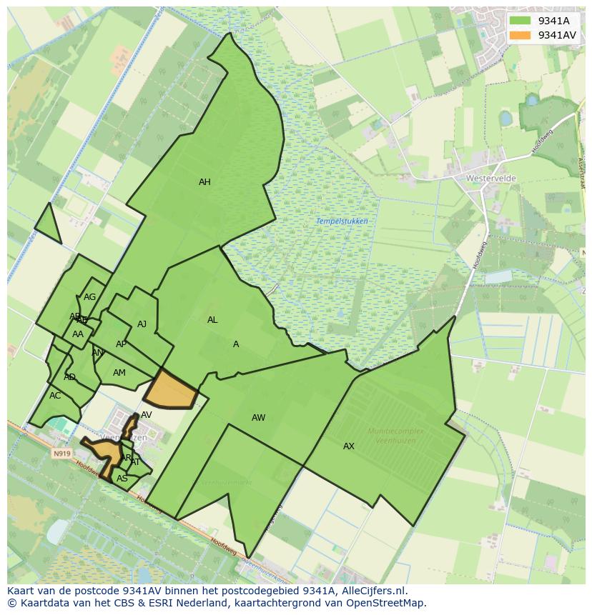 Afbeelding van het postcodegebied 9341 AV op de kaart.