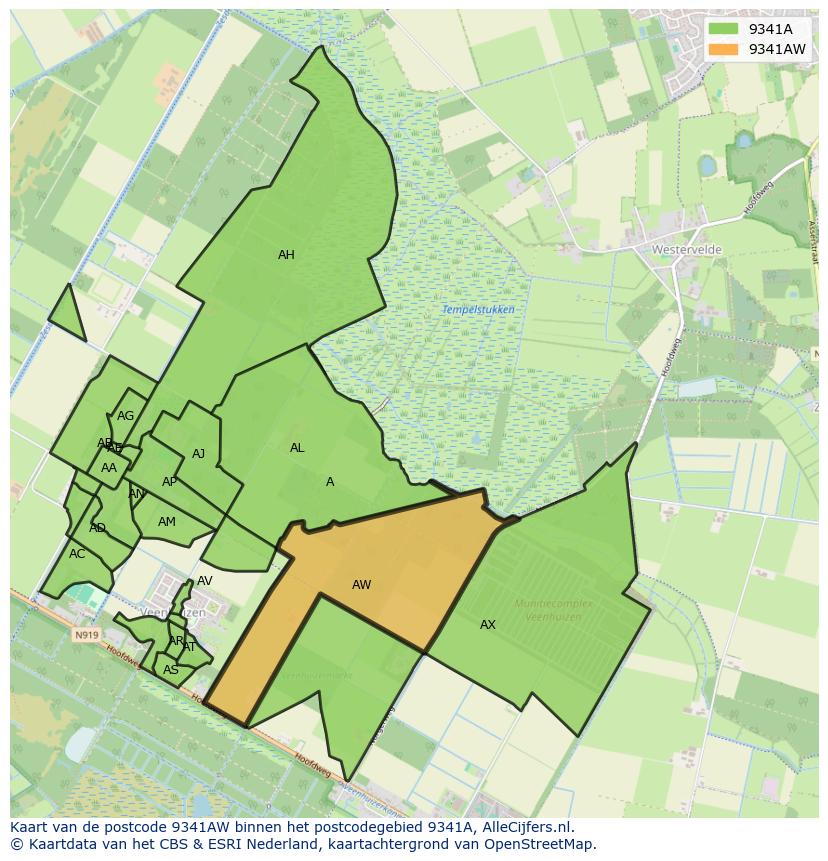 Afbeelding van het postcodegebied 9341 AW op de kaart.