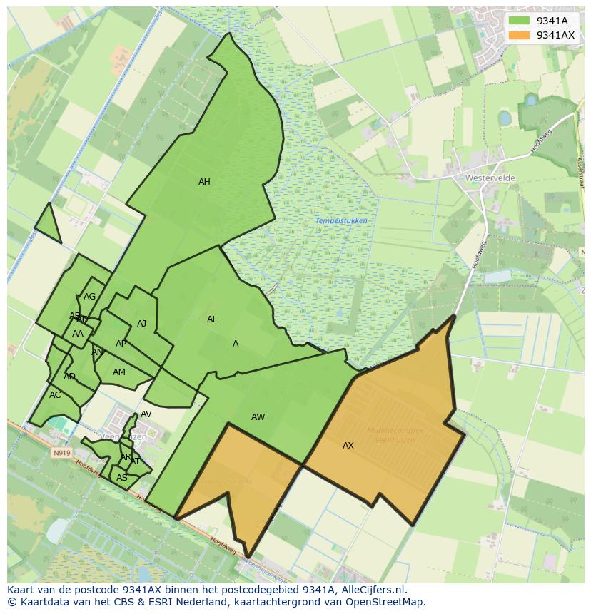 Afbeelding van het postcodegebied 9341 AX op de kaart.