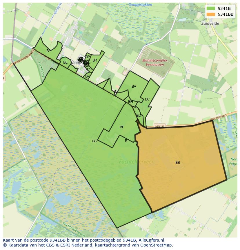 Afbeelding van het postcodegebied 9341 BB op de kaart.