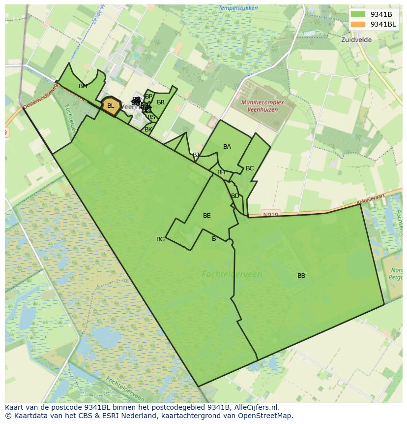 Afbeelding van het postcodegebied 9341 BL op de kaart.