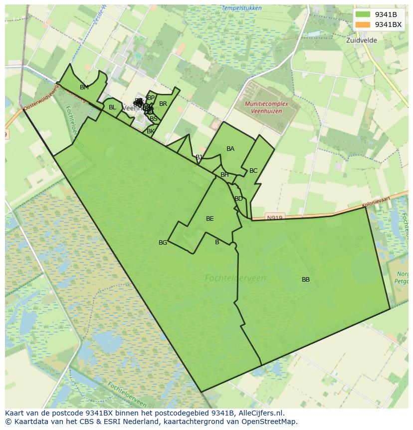 Afbeelding van het postcodegebied 9341 BX op de kaart.