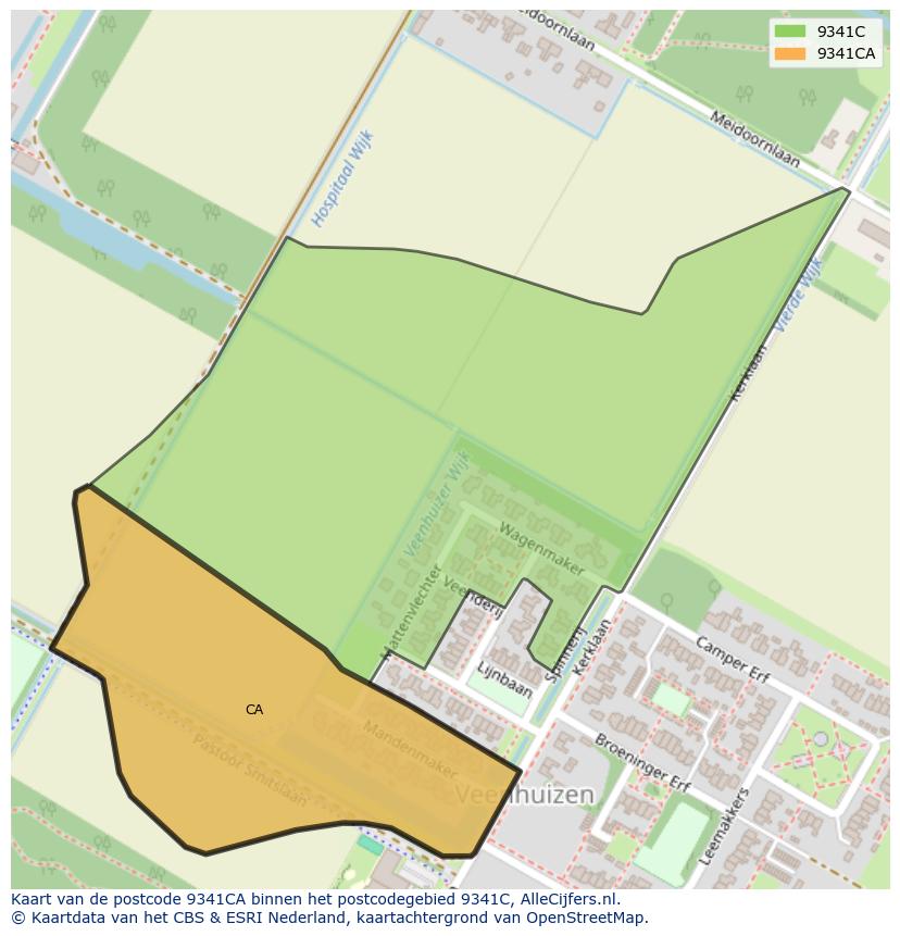 Afbeelding van het postcodegebied 9341 CA op de kaart.