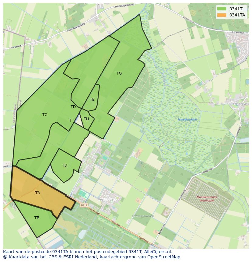 Afbeelding van het postcodegebied 9341 TA op de kaart.