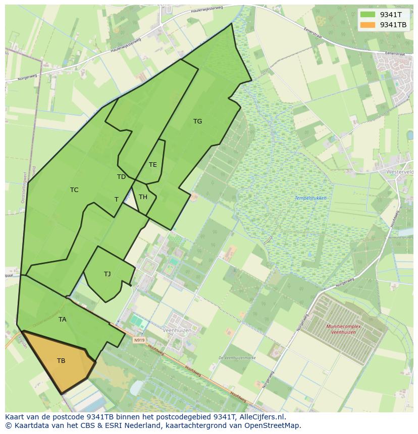 Afbeelding van het postcodegebied 9341 TB op de kaart.