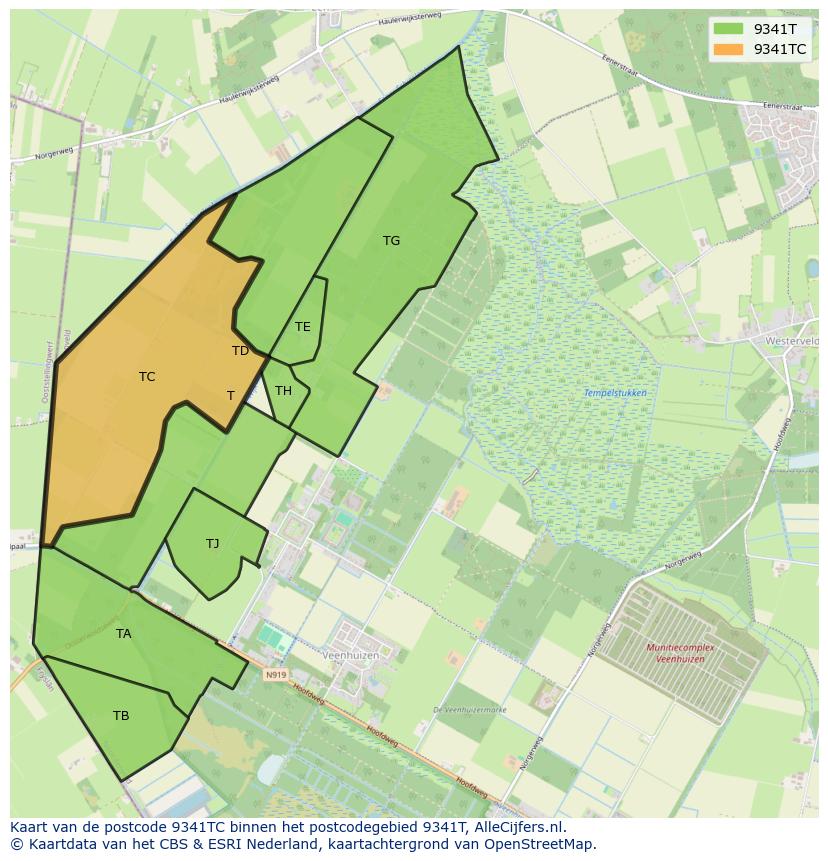 Afbeelding van het postcodegebied 9341 TC op de kaart.