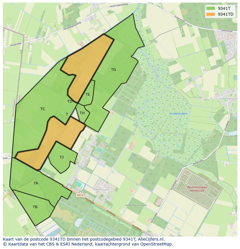 Afbeelding van het postcodegebied 9341 TD op de kaart.