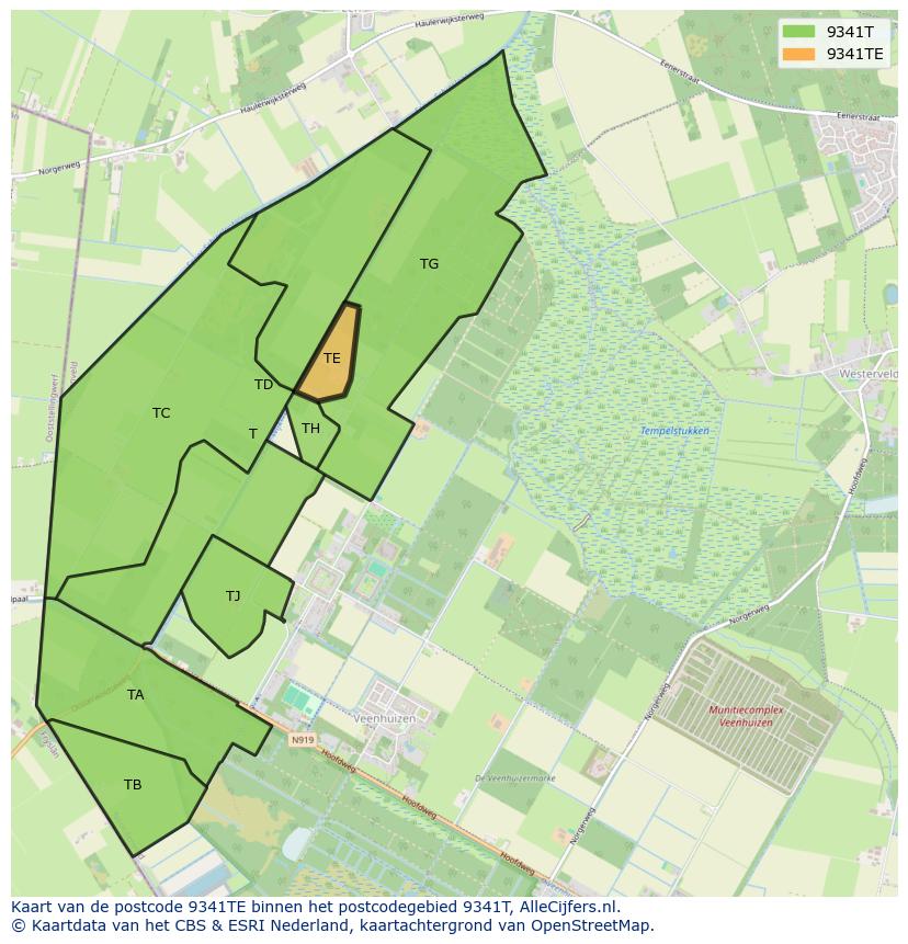 Afbeelding van het postcodegebied 9341 TE op de kaart.