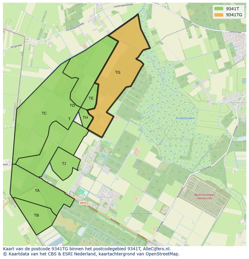 Afbeelding van het postcodegebied 9341 TG op de kaart.