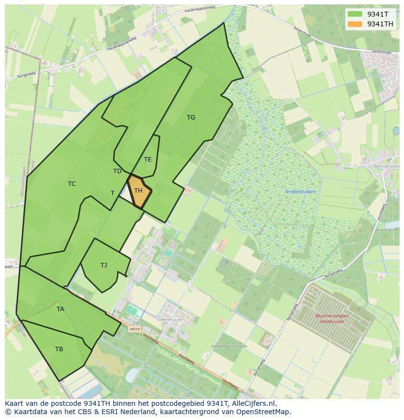 Afbeelding van het postcodegebied 9341 TH op de kaart.