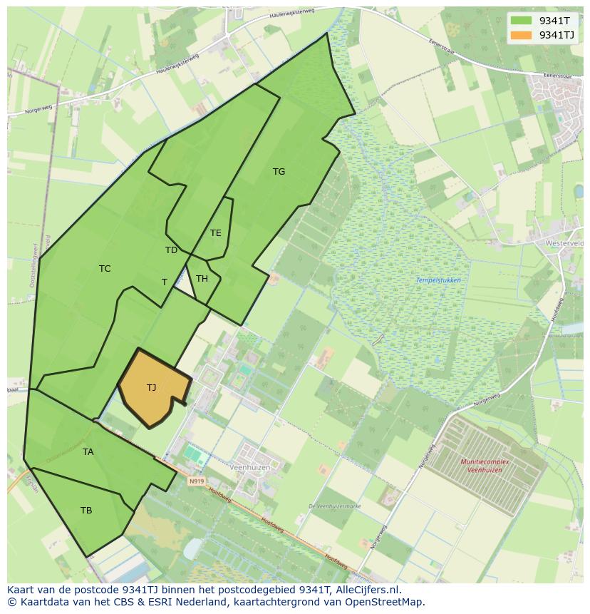 Afbeelding van het postcodegebied 9341 TJ op de kaart.