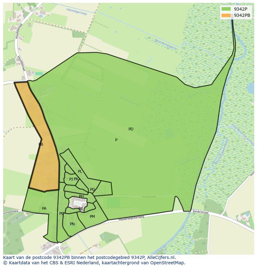 Afbeelding van het postcodegebied 9342 PB op de kaart.