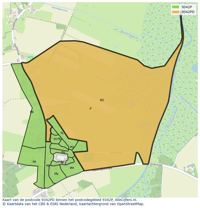 Afbeelding van het postcodegebied 9342 PD op de kaart.