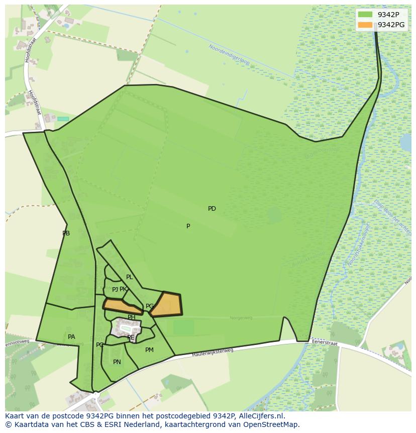 Afbeelding van het postcodegebied 9342 PG op de kaart.