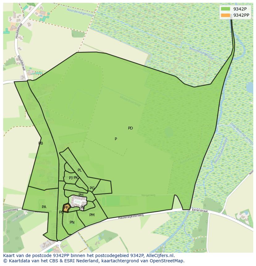 Afbeelding van het postcodegebied 9342 PP op de kaart.