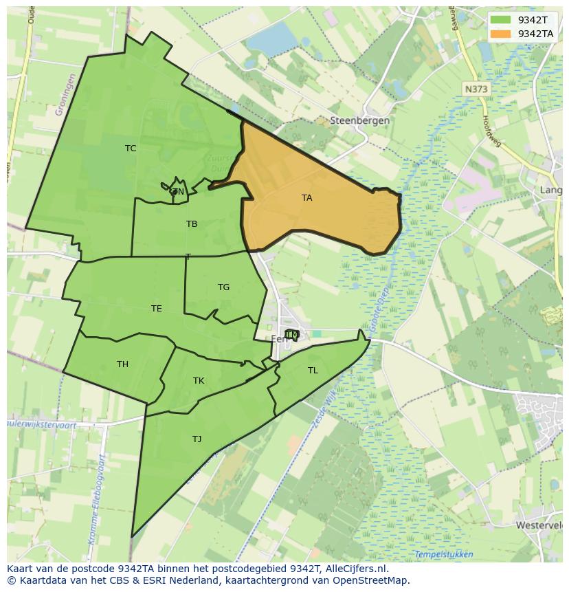 Afbeelding van het postcodegebied 9342 TA op de kaart.
