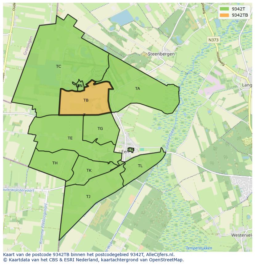 Afbeelding van het postcodegebied 9342 TB op de kaart.