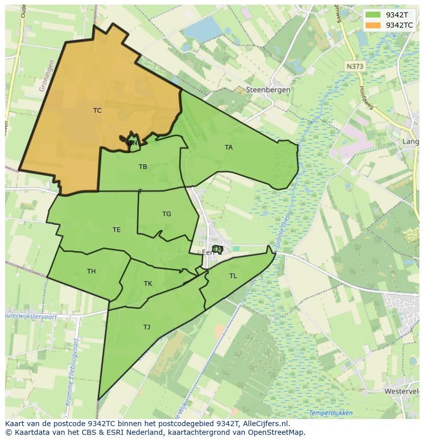 Afbeelding van het postcodegebied 9342 TC op de kaart.