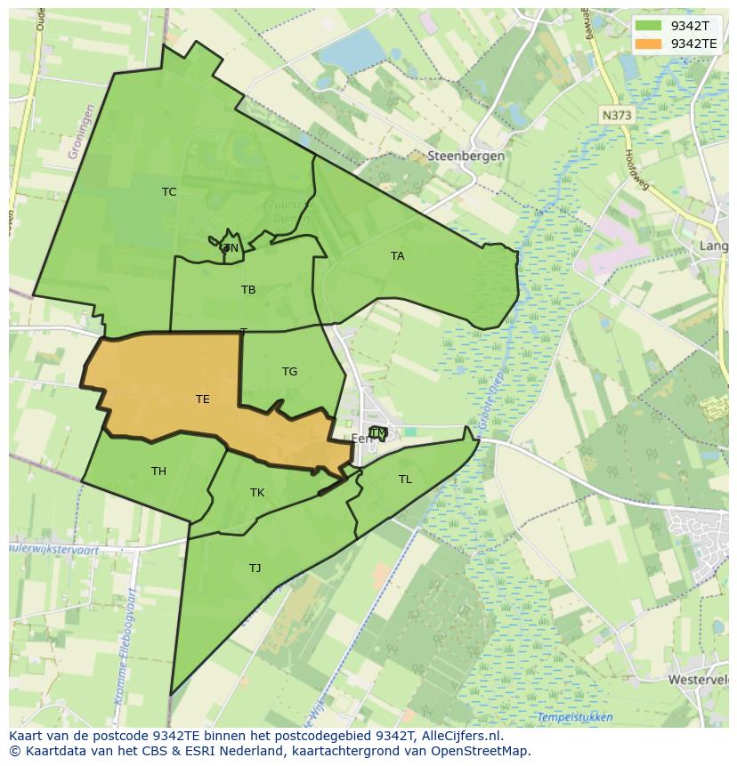 Afbeelding van het postcodegebied 9342 TE op de kaart.
