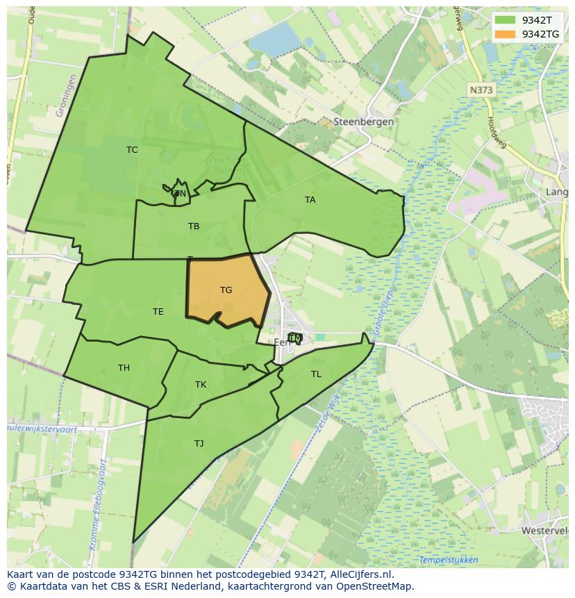 Afbeelding van het postcodegebied 9342 TG op de kaart.