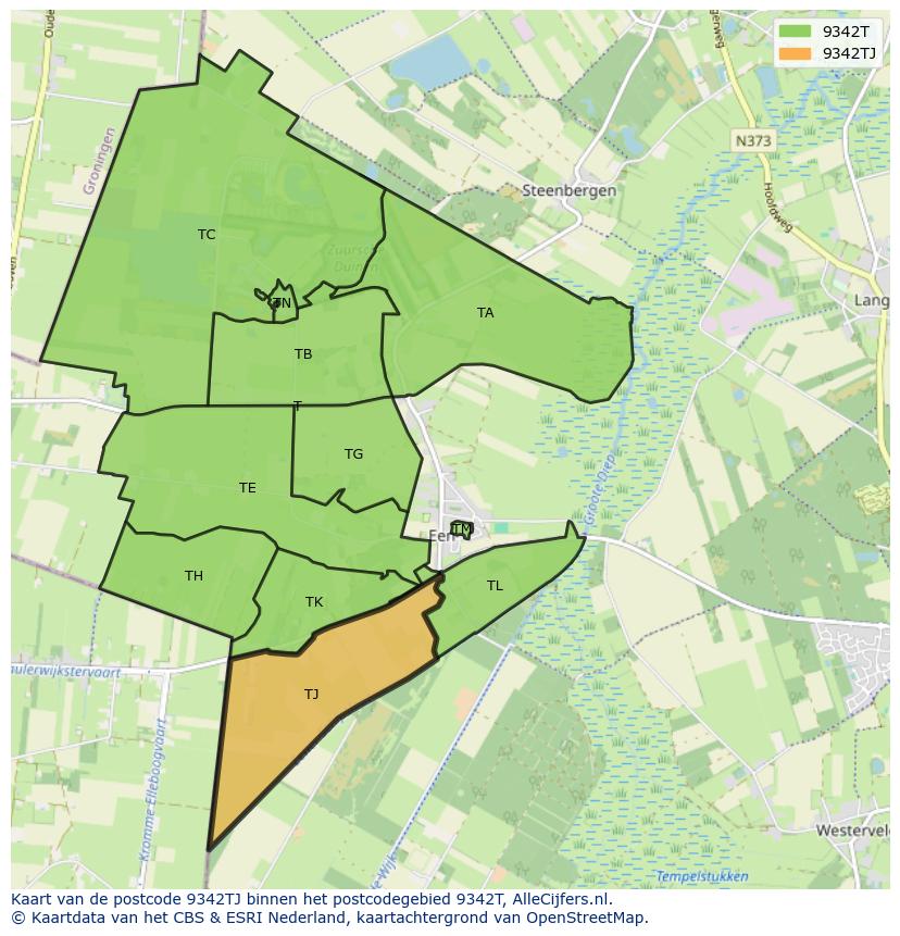 Afbeelding van het postcodegebied 9342 TJ op de kaart.