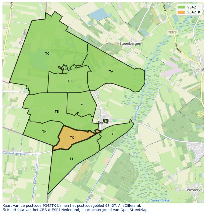 Afbeelding van het postcodegebied 9342 TK op de kaart.