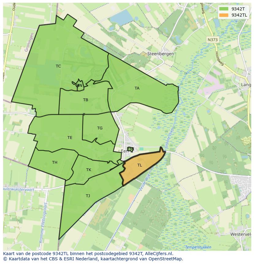 Afbeelding van het postcodegebied 9342 TL op de kaart.