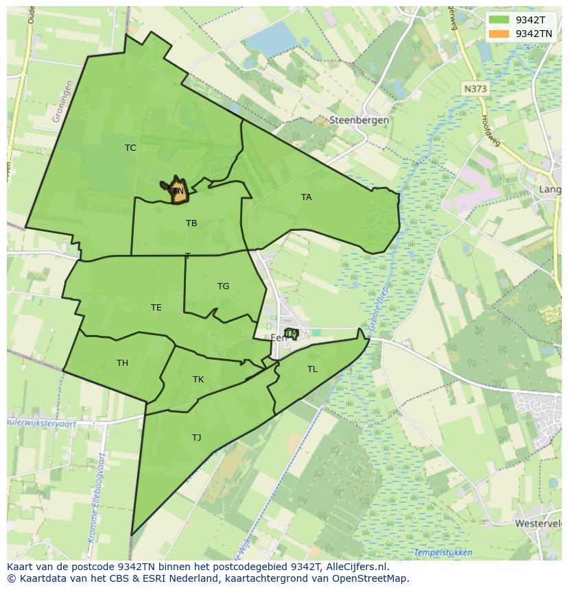 Afbeelding van het postcodegebied 9342 TN op de kaart.