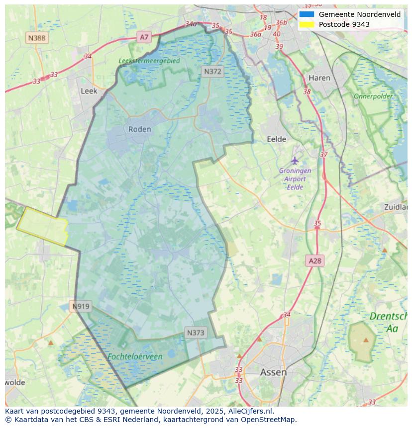 Afbeelding van het postcodegebied 9343 op de kaart.