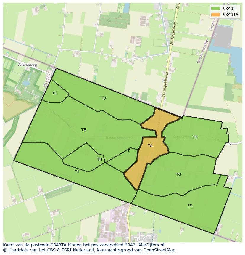 Afbeelding van het postcodegebied 9343 TA op de kaart.