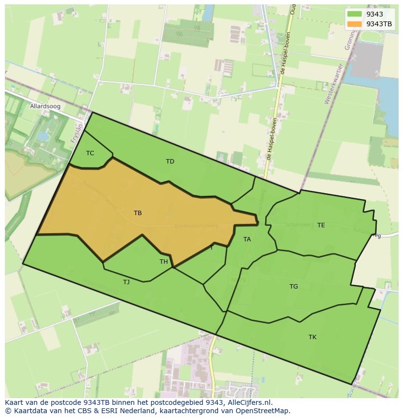 Afbeelding van het postcodegebied 9343 TB op de kaart.