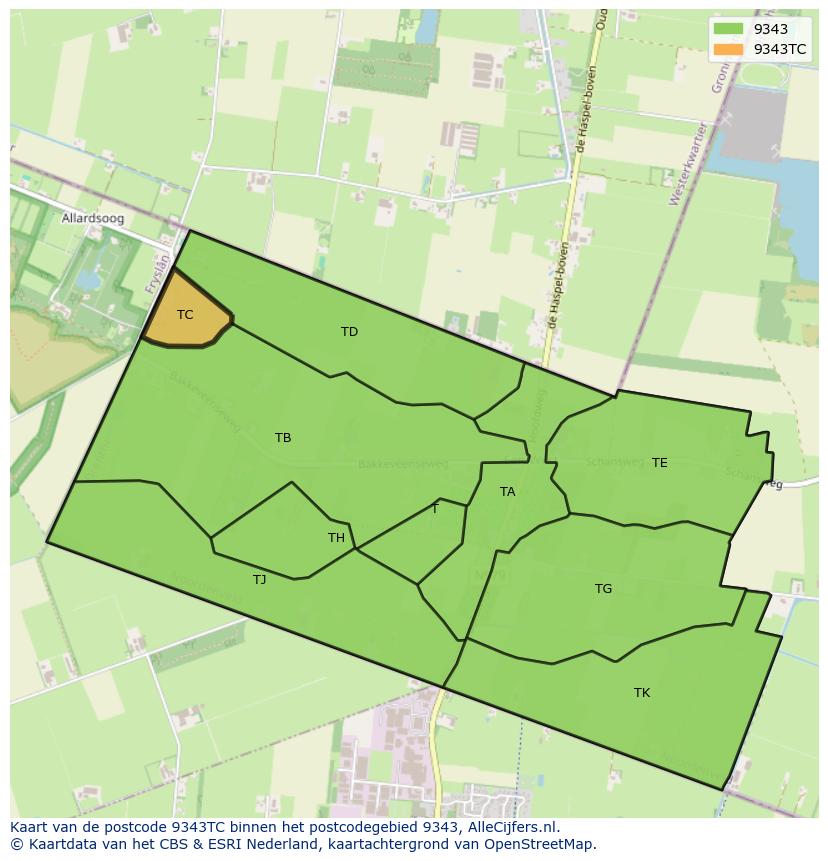 Afbeelding van het postcodegebied 9343 TC op de kaart.