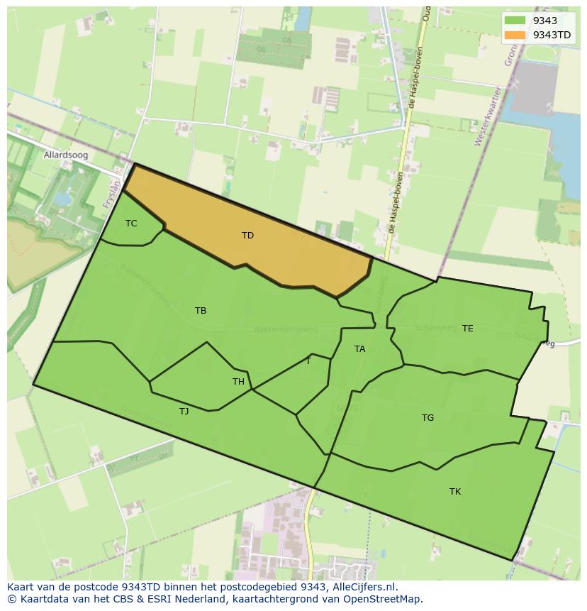 Afbeelding van het postcodegebied 9343 TD op de kaart.