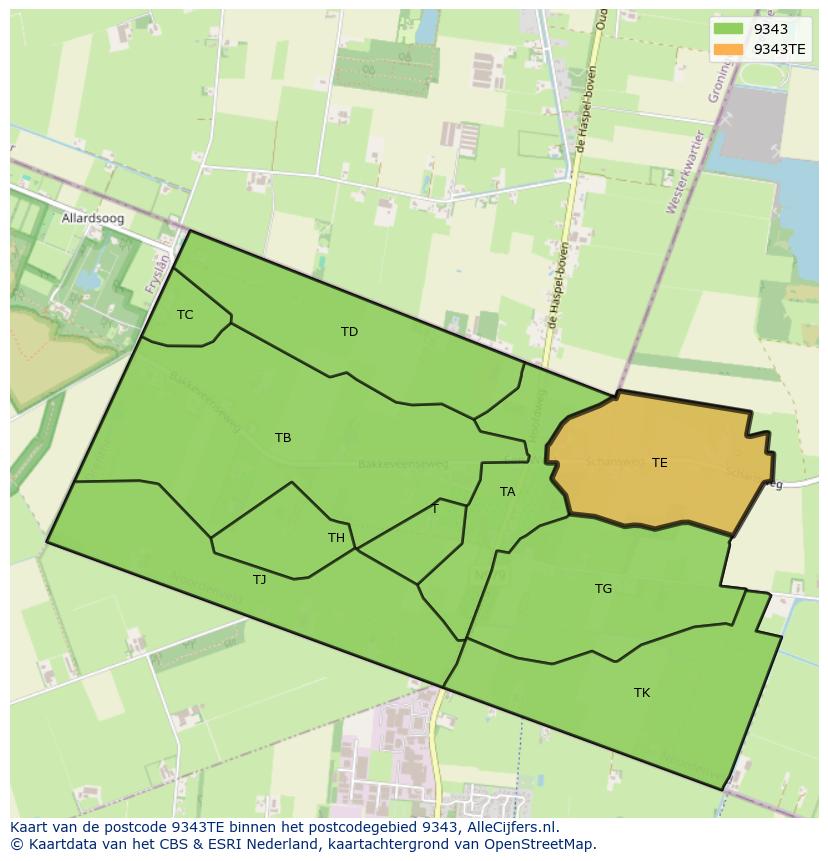 Afbeelding van het postcodegebied 9343 TE op de kaart.