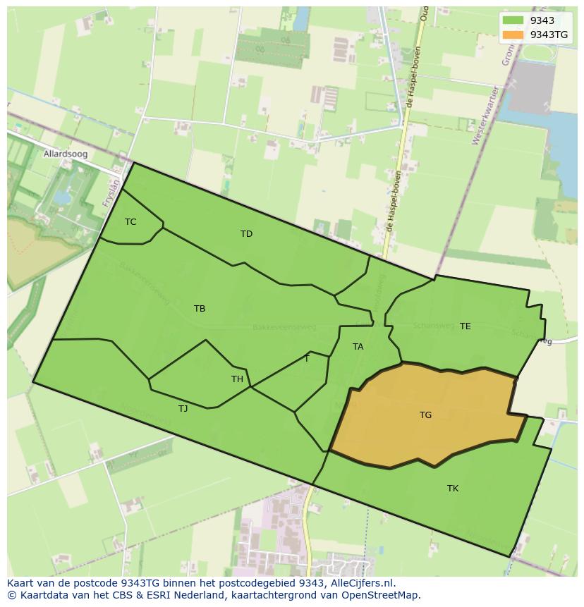 Afbeelding van het postcodegebied 9343 TG op de kaart.
