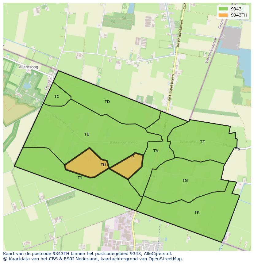 Afbeelding van het postcodegebied 9343 TH op de kaart.