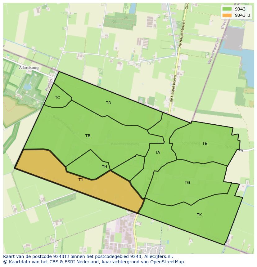 Afbeelding van het postcodegebied 9343 TJ op de kaart.
