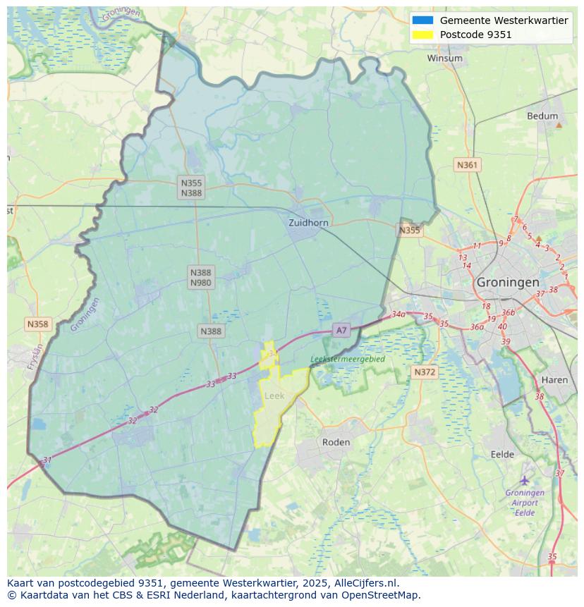 Afbeelding van het postcodegebied 9351 op de kaart.