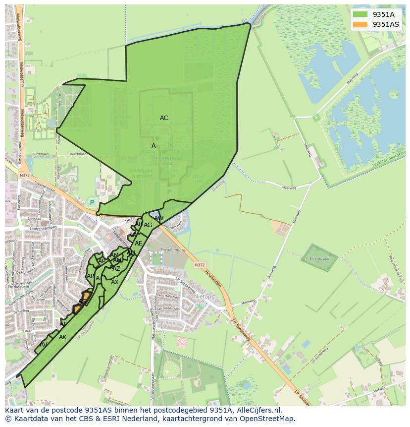 Afbeelding van het postcodegebied 9351 AS op de kaart.