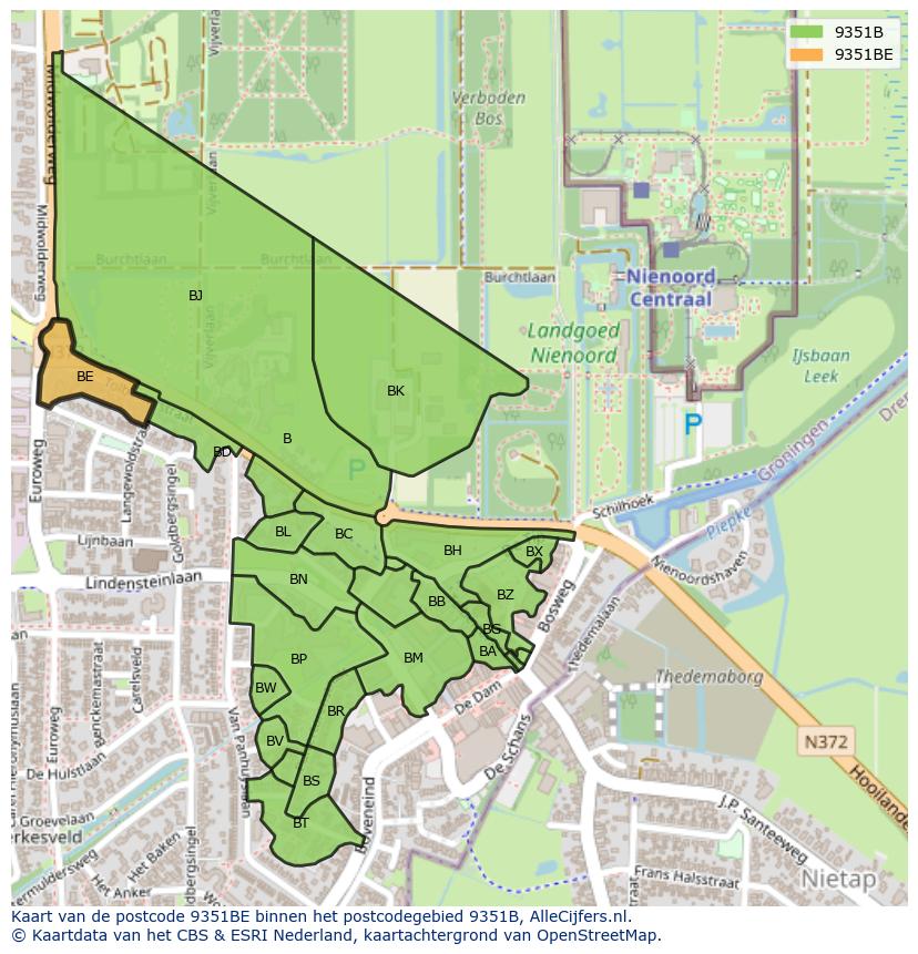 Afbeelding van het postcodegebied 9351 BE op de kaart.