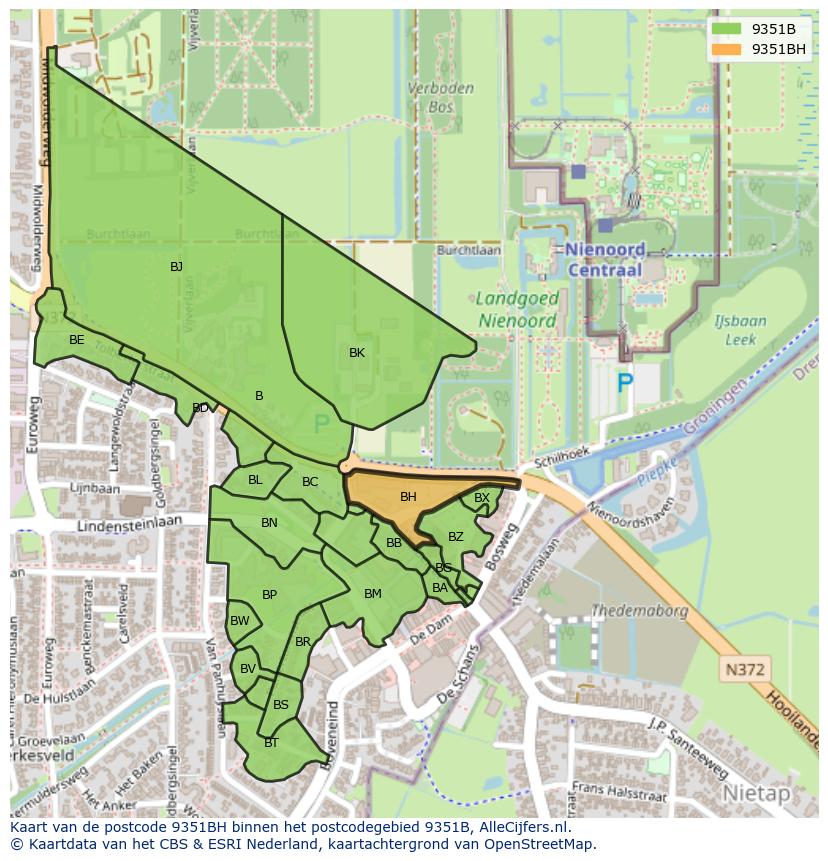 Afbeelding van het postcodegebied 9351 BH op de kaart.