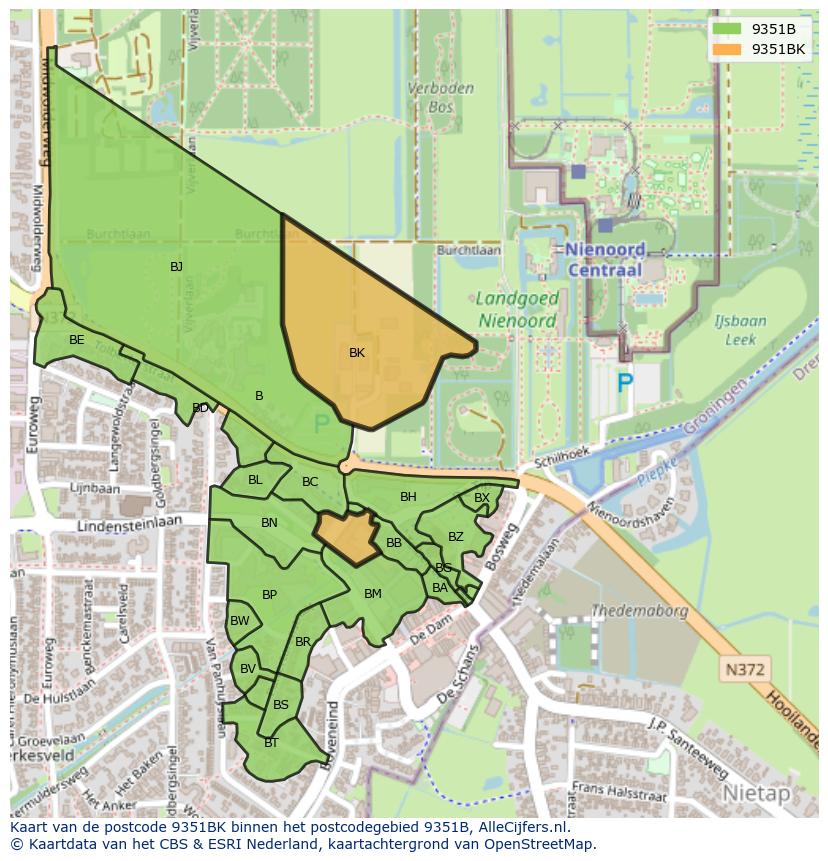 Afbeelding van het postcodegebied 9351 BK op de kaart.