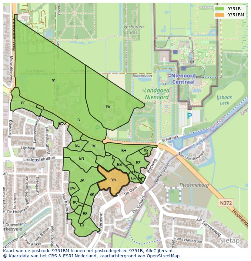 Afbeelding van het postcodegebied 9351 BM op de kaart.