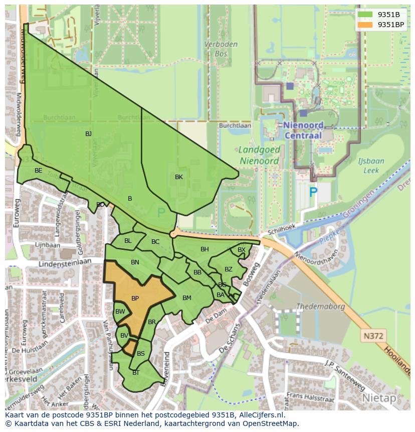 Afbeelding van het postcodegebied 9351 BP op de kaart.